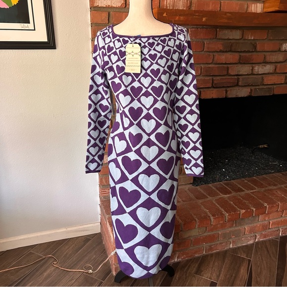 NWT FARM Rio x Anthropologie Geo Heart Knit Long Sleeve Midi Sweater Dress Sz L - Picture 8 of 12